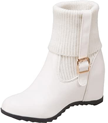 Genérico Invierno, de un solo color, boca tejida, hebilla ajustable, elevación interior, botas de cuña, Blanco, 37