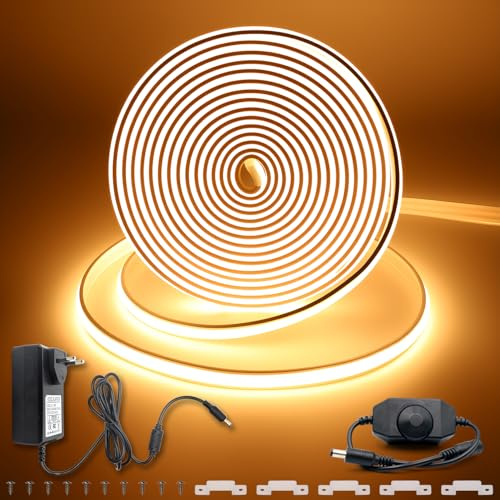 FWoche COB LED-remsa varm vit 5 m 24 V, LED-remsa dimbar vattentät IP67 neon med dimmer och adapter, superljus silikon, flexibel ljuslist, självhäftande för inomhus- och utomhusbruk, CRI90+