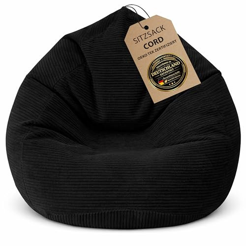 BuBiBag Premium Sitzsack Cord XXL – Fertig befüllt & Oeko-Tex Zertifiziert – Kratzfester Breitcord Gaming Sessel – Robuster Bean Bag für Kinder & Erwachsene – Pflegeleicht (Schwarz 120x95cm)