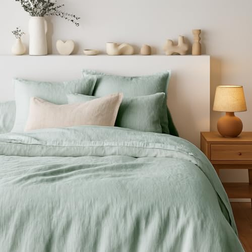 Tendance Perso - Parure de Couette 100% Pur Lin Lavé Vert de Gris – Housse de Couette 240x260 cm + 2 Taies 63x63 cm – Linge de Lit Haut de Gamme en Lin Naturel