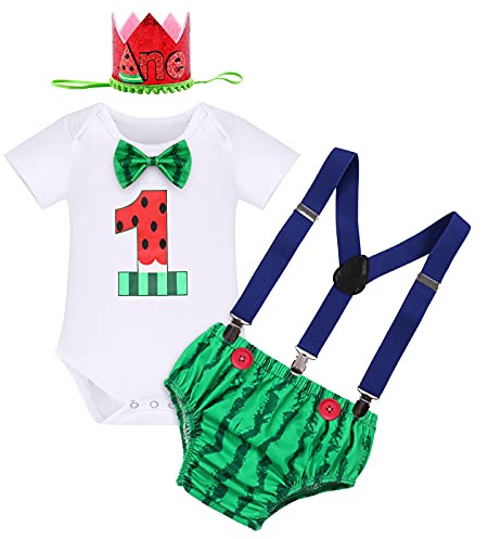 FYMNSI Baby Boy 1st First Birthday Cake Smash Outfit Watermelon One Year Old Party Clothes Bow Tie Cotton Short Sleeve Romper Bodysuit Y-back Suspenders Diaper Cover Shorts Headwear 4pcs Set Green