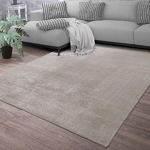 TT Home Wohnzimmer Teppich Kurzflor Anti-Rutsch Rückseite Unifarben Modern Waschbar, Farbe: Grau, Größe:160x220 cm