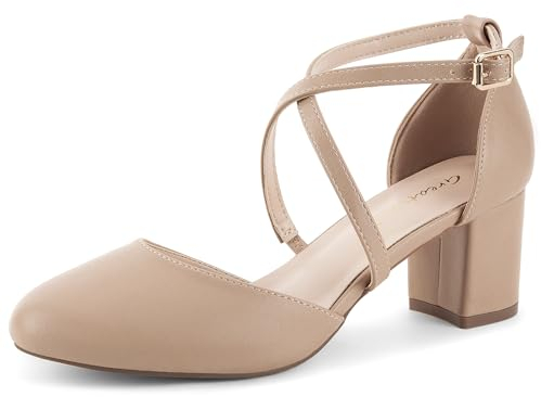 Greatonu Damen Pumps Riemchenpumps Spangenpumps Sandale mit Kreuz Knöchelriemen Blockabsatz Geschlossener Spitze Glitzer Pumps - Perfekt für Hochzeiten und Partys Beige 39 EU