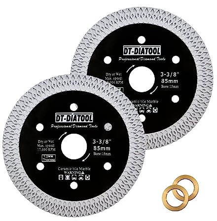 DT-DIATOOL Diamant-Fliesenblatt 85mm 2-Pack Schneiden Porzellan Fliesen Keramik Marmor Granit Kreissägeblatt mit X Mesh Segment Arbor 10mm-15mm