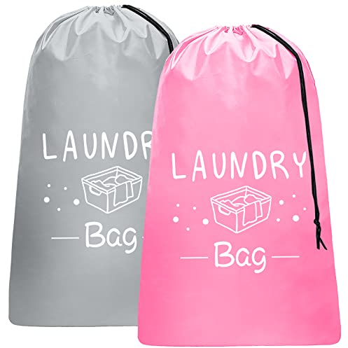 PASHOP 2 Stück 92X61CM Wäschesack Reise Schmutzwäsche, Wäschebeutel mit Kordelverschluss, Tragbar, Große Kapazität, Ideal für Reisen Camping oder Zuhause-Aufbewahrung (Rosa+grau)