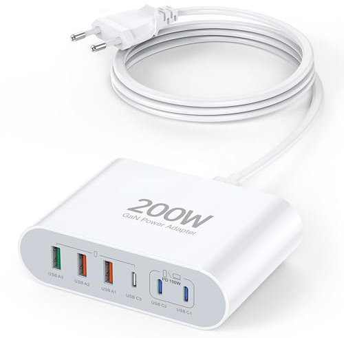 USB C Ladegerät, 200W USBC Netzteil 6-Port GaN PD 3.0 Schnellladegerät mit 3 USB-C und USB-A Mehrfach Ladegerät Stecker Adapter für MacBook Pro Air, iPad Pro Air, iPhone 16 15 14 13 12, Galaxy S23