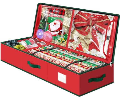 Fabspace Christmas Wrapping Paper Storage Containers, 40 Inch Gift Wrap Organizer, Visible Supplies Pockets for Xmas Accessories, Underbed Storage for Christmas Decorations, Red