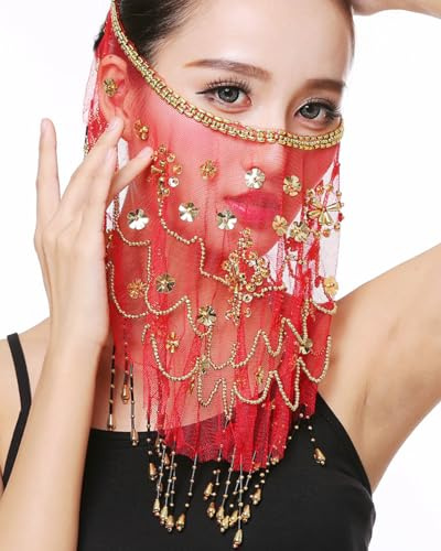 Grouptap Disfraz de velo de media cara para danza del vientre con trébol de cuentas doradas para mujeres y niñas, baile egipcio árabe (rojo)
