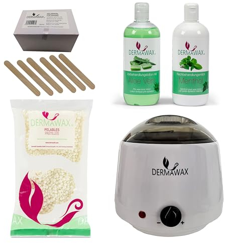 Dermawax Profi Waxing Set zur Haarentfernung 1000 ml Wachswärmer Made in Spanien 800 g Kokosnuss Wachs 500 ml Aloe Vera Vorbehandlungslotion 500 ml Menthol Nachbehandlungsmilch 200 Stück Holzspatel