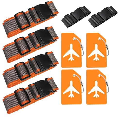 4 Stück Koffergurt & 4 Stück Kofferanhänger & 2 Stück Fügen Sie Eine Tasche Gepäckgurte Hinzu, Kofferband Gurt, Einstellbare Kofferbänder, Auffällig Luggage Strap für Koffer (Orange grau)