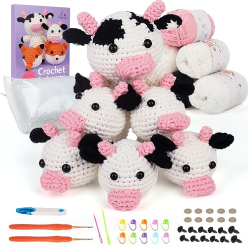 Aeelike Häkelset für Anfänger, Starter Häkel Set mit 2 Häkelnadeln Set 2,5mm, Häkeltiere Set, Häkelgarn, Zubehör, Häkeln für Anfänger mit Schritt-für-Schritt-Anleitung, Kuhfamilie Häkelset Häkelpaket