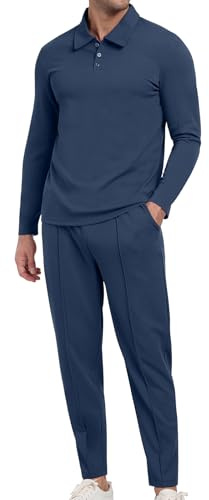 KUYIGO Tuta da uomo Polo 2 pezzi Completi a maniche lunghe Pullover Tuta Set Felpa e Joggers Waffle Top Pantaloni Casual Sport Activewear Golf Suit, Marina Militare, XXL