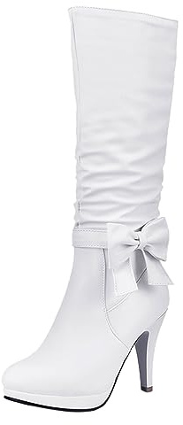 Stivali sopra il ginocchio Donna Estate Stivali Per Donna Donna Donna Stivali al ginocchio Fiocco Tacco spesso Stivali alti Tacco alto Stivali in pelle Stivali da donna Con Tacco Vintage, bianco, 39