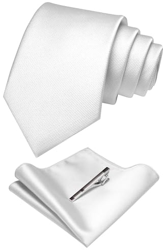 JEMYGINS Set Cravate Homme avec Pochette et Pince a Cravate Unie pour Mariage Business et Ceremonie Blanc