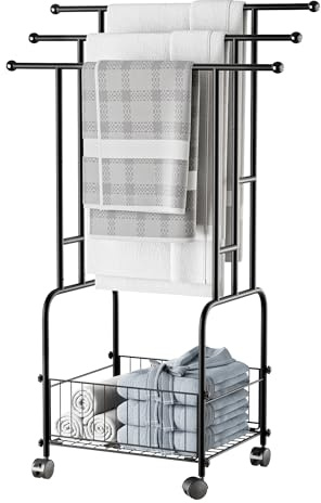 Apsvwys 42.5 H Free Standing Towel Rack, 3-Tier Reinforced Alloy Metal Towel Racks for Bathroom with Wheels and Storage Basket, Large Size Pool Towel Rack Outdoor, Multi-Use Blanket Drying Stand