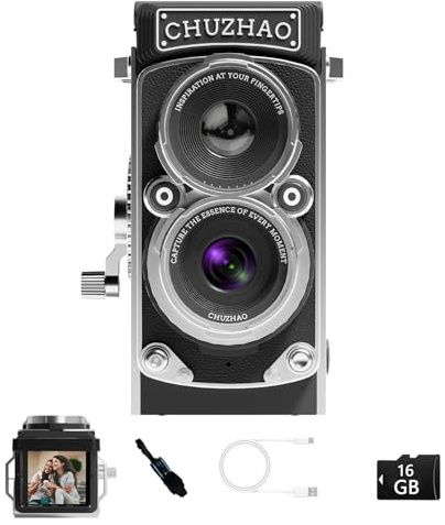 CHUZHAO Vintage Mini Digital Camera, Portable TLR Style Retro Point and Shoot Compact Small Pocket 1080P FHD Video 12MP Autofocus Vlogging Camera with 16 GB Card for Beginners Teens Adults Black