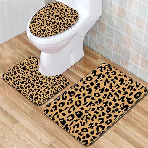 Badrumsmatta gul leopardtryck WC mattor med utsnitt WC lockskydd 3 delar WC matta halkfri badrumsset U-formad badmatta tvättbar badrumsmatta set 50 x 80 cm