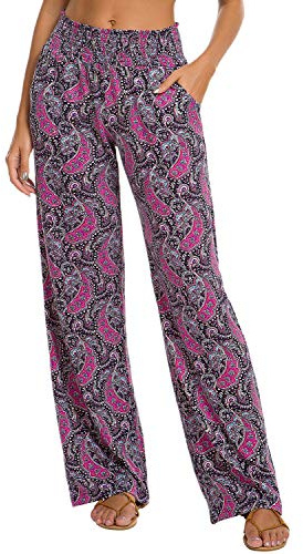 EXCHIC Mujeres Casual Pierna Recta Boho Yoga Pantalones Cintura Elástica Pantalones con Bolsillos(M, Series 2#8)
