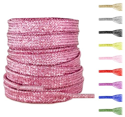 NDTEZUGT Lacci Piatti Metallici Glitterati 8 mm per Scarpe Da Ginnastica, Scintillanti E Colorati, Lacci di Ricambio (Rosa,47/120cm)