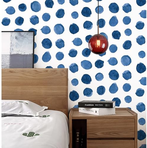 FENTIS Papel Tapiz Autoadhesivo con Lunares Azules Color Blanco Parte Trasera Adhesiva Rollo de Papel de Contacto para Cocina Sala de Estar Armario Encimera Baño 44,5x500cm