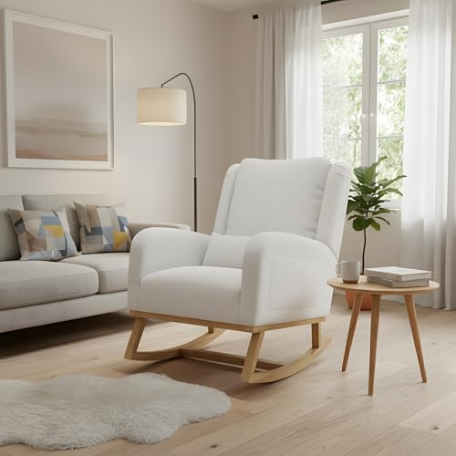 QLTXYHML Poltrona a dondolo, reclinabile ergonomica, gambe della sedia in legno, sedia da allattamento con tasche portaoggetti e cuscino lombare, ideale per soggiorno, camera da letto, cameretta dei