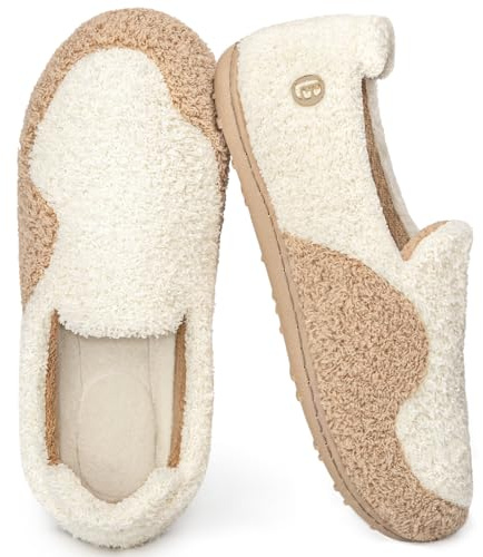 LongBay Women's Fuzzy Slippers with Removable Massage Insole, Soft House Shoes with Lightweight Non-Slip Sole for Indoor Outdoor Beige, 5/UK