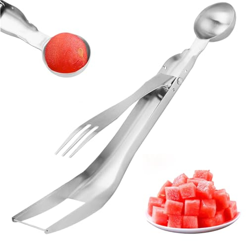 Taglierina per anguria, taglierina per anguria 3 in 1 in acciaio inossidabile con cucchiaio, utensili da cucina pieghevoli per frutta.