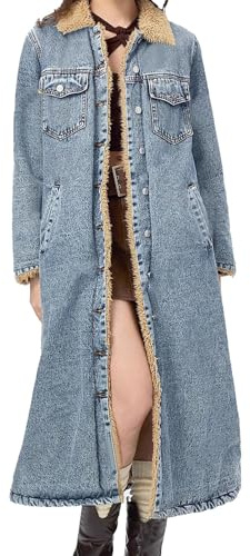 Duohropke Giacca di jeans da donna lunga giacca invernale con bottoni in denim, cappotto lungo in lana con tasche, caldo e foderato, parka, Blu, XS