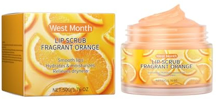 Petjoyful WEST Month Exfoliante labial naranja, suave, hidratante y reparador, exfoliante de piel muerta, bálsamo labial 2 en 1 de doble acción, 50g