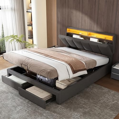 BLSYHDH Cama con Almacenamiento HidráUlico 140x190,Cama Doble Tapizada con LED,Camas Acolchadas con 2 Cajones,Cama Funcional Juvenil,Camas Matrimoniales (Gris+Lino-A)
