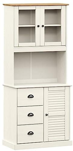 Mhdvray Highboard VIGO bianco 78 x 40 x 175 cm in legno di pino massiccio con frontale in vetro, design moderno e persiana, armadio sottile per soggiorno, corridoio, camera da letto