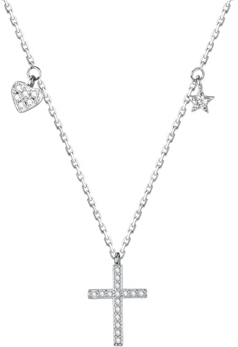 Hinvan 925 silver hänge korshalsband för kvinnor, justerbara halsband, 925 silverhalsband, stjärnkors, zirkoniumoxid, hjärta hänge med smyckeskrin