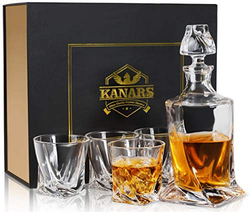 KANARS Whisky Karaffe und Gläser Set, 800 ml Bleifrei Kristall Whiskey Dekanter mit 4x 300 ml Gläsern, 5-Teiliges, Geschenkbox