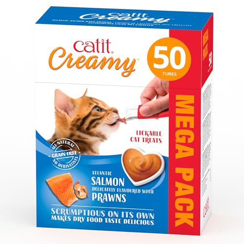 Catit Creamy flüssigkeitsspendende Leckpaste für Katzen mit Lachs und Garnele, 50 x 10g