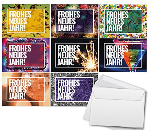 Einladungskarten Manufaktur Hamburg 8 Neujahrskarten im Mix mit Umschlag - Frohes Neues Jahr - Bunter moderner Mix - Silvester Neujahr Postkarten Karten Grußkarten