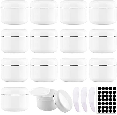 RUIJIE 14 Stück 50ml Döschen Weiß Leer Tiegel Cremedose Nachfüllbare Kosmetikdosen Kunststoff Stichprobe Behälter Reise Flaschen Set mit Deckel Mini Spatel Etikett für Öle Lotion Creme Masken