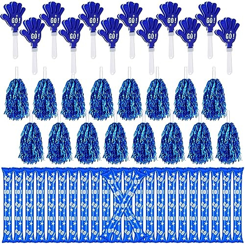 Hungdao 60 Pcs Noise Makers Homecoming Football Favors Include 24 Thunder Sticks Cheer Sticks 12 Hand Clapper 24 Cheerleading Pom Poms for Sporting Events Pep Rally Supplies(Blue)