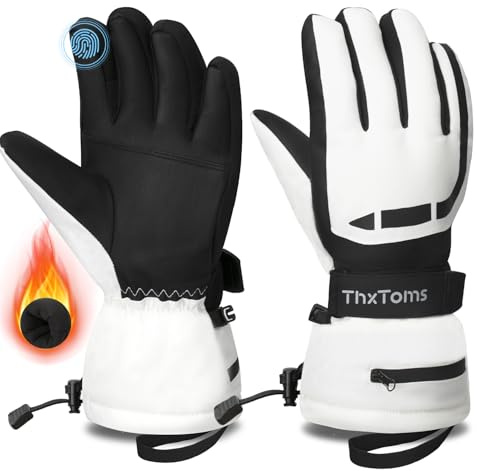 ThxToms Ski Gloves Waterproof Touchscreen for Men Women,3M Thinsulate Winter Snowboarding Snow Gloves for Ski, Cycling, Hiking, Driving, Freezer Work,Warm Below -22°F(White, L)
