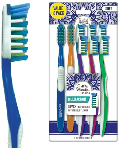 GuruNanda Multi-Action Toothbrush with Tongue Cleaner - Soft Bristles for Sensitive Teeth & Gums - Assorted Colors, Pack of 8