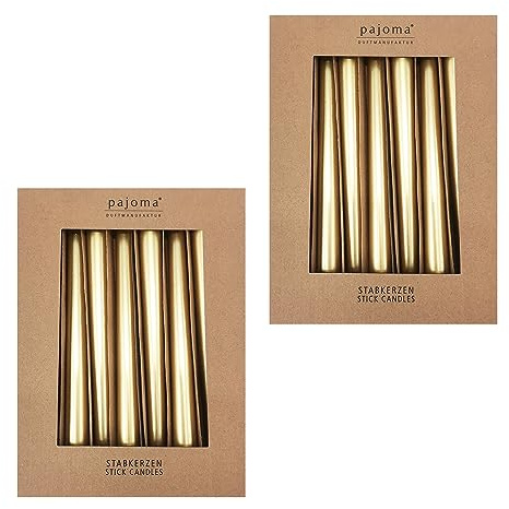 Stavljus set om 20 | metall – guld | höjd 25 cm ø 2,2 cm | brinntid 7 timmar – premiumkvalitet | enfärgade spetsljus | pajoma