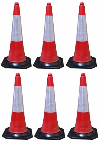 FERRETELIX® Lot de 6 Cônes de Signalisation – Hauteur 75 cm – Réfléchissants – Base en Caoutchouc 38x38 cm – Poids 2,5 kg F