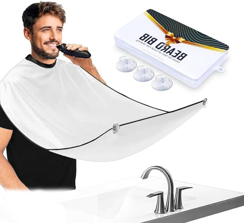 Leaflai White Beard Bib Beard Catcher, Hair Clippings Catcher & Grooming Cape Apron, Non-Stick & Grooming Cloth, with 3 Suction Cups, Best Gifts for Men, Valentines Gifts, Christmas Gifts