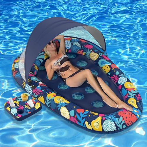 Bouée Gonflable Piscine Adulte,avec Auvent,Porte-Boissons,Bouées et Matelas Gonflables,Matelas Gonflable Piscine,3-en-1,Accessoire Piscine,pour Plage, Partie, Vacances