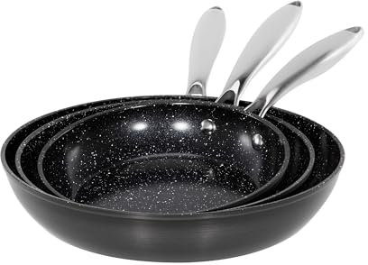 Kitchen Academy Bratpfannen Set 3-teiliges, Pfanne Keramikbeschichtung, Keramikpfanne, Edelstahlgriff, Antihaftbeschichtete Bratpfanne, Edelstahl-Kochgeschirr, 20,24,28cm, Schwarz