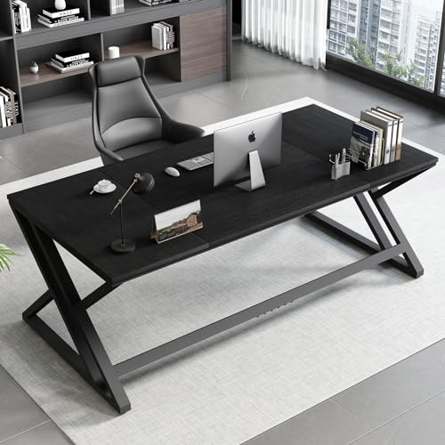 HSH Schreibtisch Moderner Computertisch großer Schreibtisch aus Holz und Metall als Bürotisch Arbeitstisch für 2 Personen, ideal für Home Office oder Wohnzimmer, Schwarz, 180cm