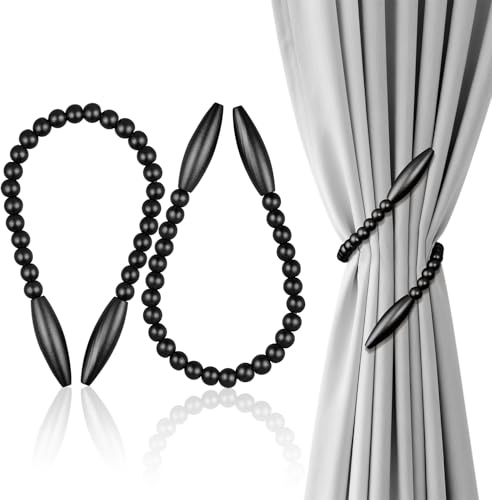 OCIOLI Lot de 2 embrasses de Rideaux torsadées de Style bohème avec Perles de Bois Supports de Rideaux décoratifs pour décoration de Chambre à Coucher décoration (2, Noir)