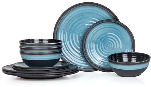 Vaisselle de camping en mélamine pour 4 personnes 12 pièces | Passe au lave-vaisselle | Service de pique-nique | Vaisselle de camping I Stone Blue Design