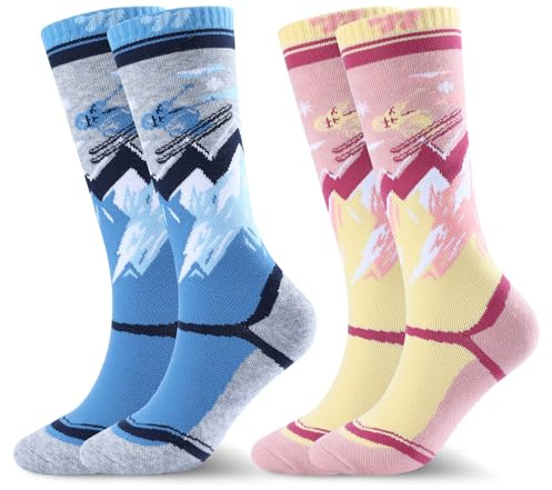 West Biking Chaussettes de ski pour enfants - Lot de 2 paires d’épaisses chaussettes thermiques pour enfants, en laine mérinos, chaussettes chaudes pour enfants pour temps froid, pour le ski et la