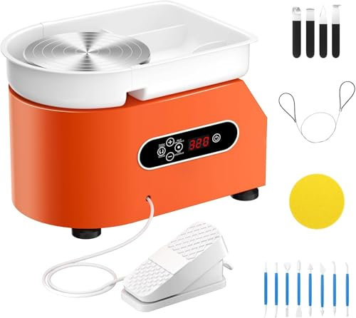 Ovshnrr 25CM Töpferscheibe Maschine, 350W Pottery Wheel mit LCD-Anzeige, Keramik Clay Maschine Töpferscheibe Fußantrieb mit Waschbecken mit abnehmbarem ABS-Becken