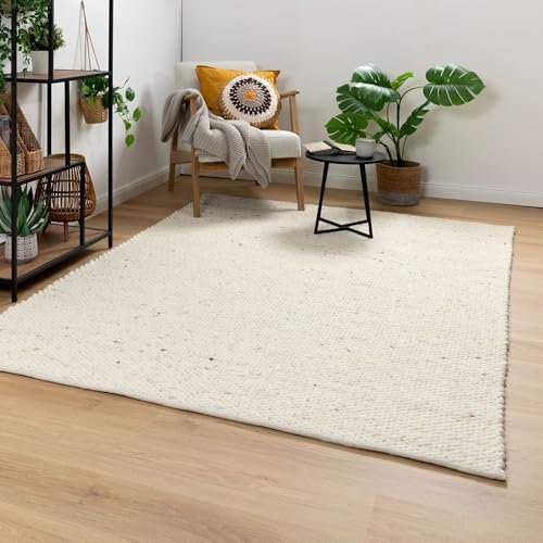 Steffensmeier Handweb Teppich Nellenberg | Schurwolle | Creme, handgewebt, Größe: 70x130 cm Wohnzimmer und Schlafzimmer